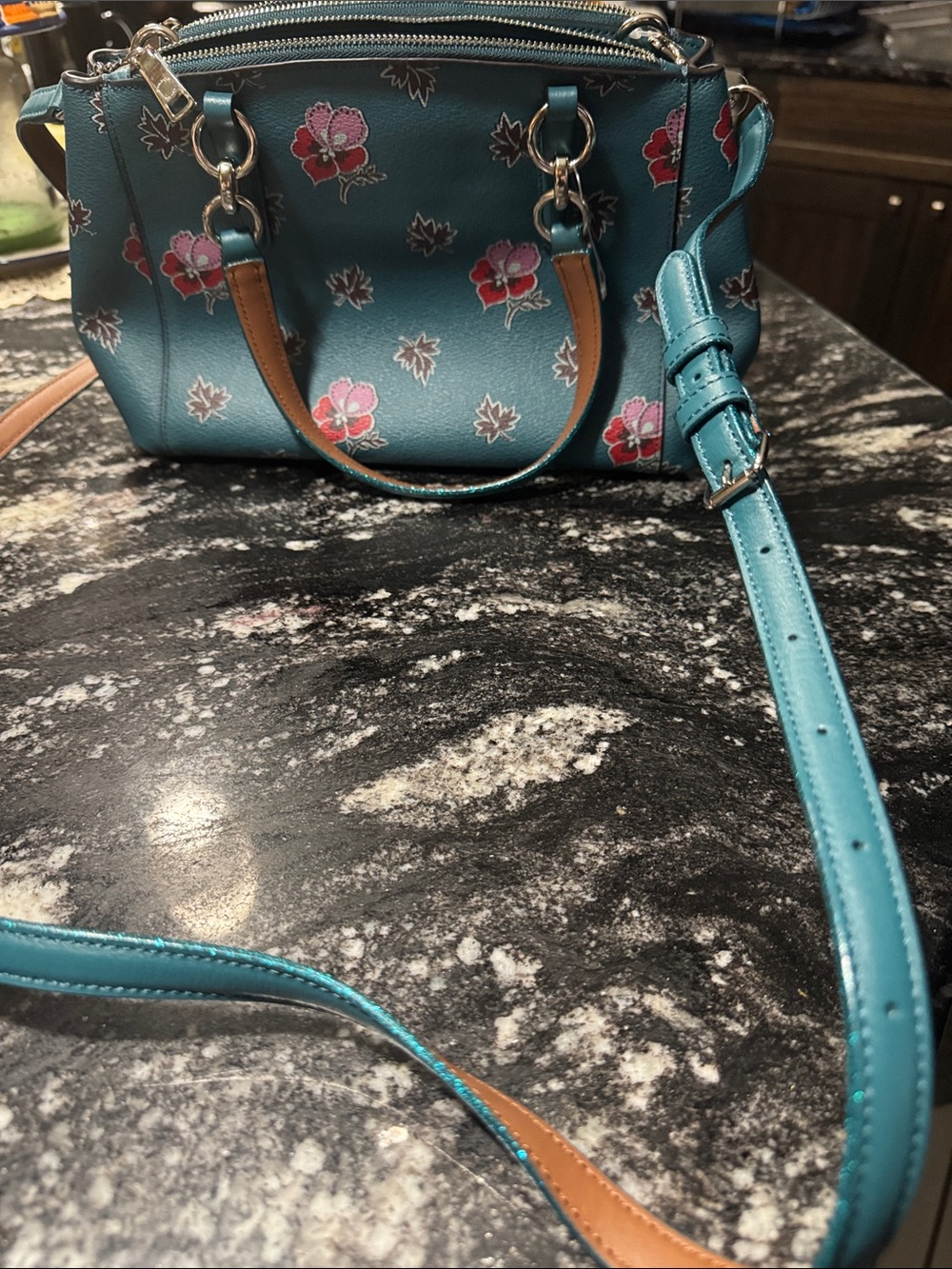 Coach Teal Floral Leather Shoulder Bag with Brown Strap Accent - Picture 3 of 10